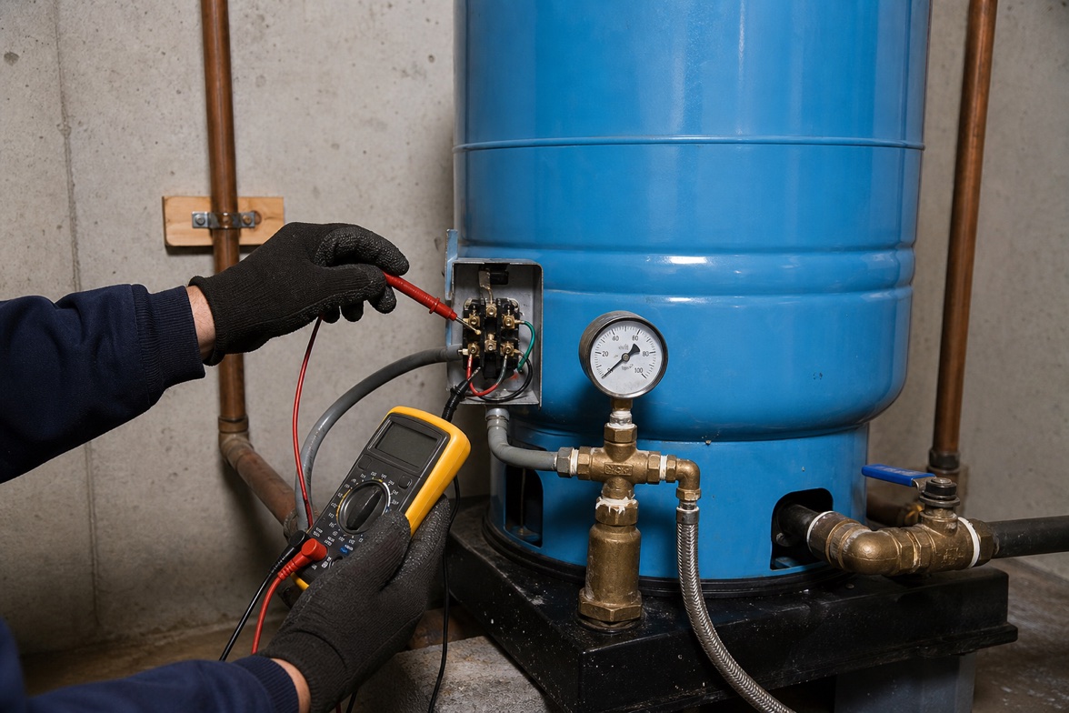Gloved hands testing the pressure switch beside a blue residential well pressure tank and gauge.