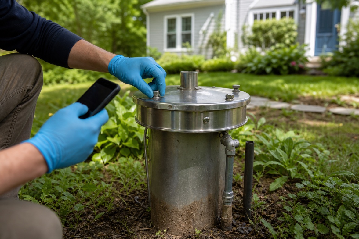 Gloved hands checking the bolts on a sanitary residential well cap in a leafy yard.